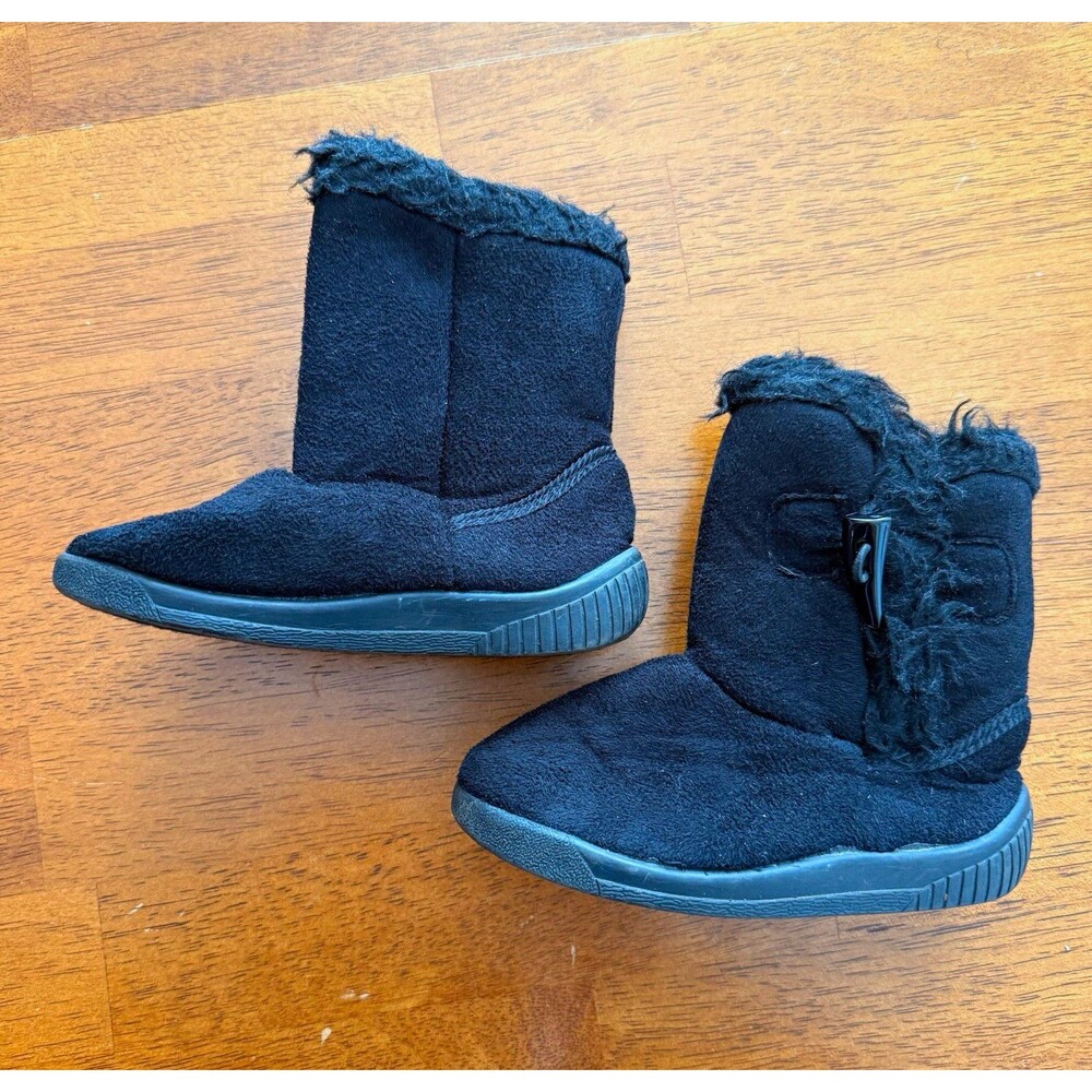 Black Faux Fur Lined Mid-Calf Drawstring Winter Boots Unisex Kids US 7